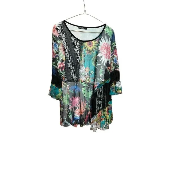 Dor Dor Couture Top Womens Medium Black Floral Mesh Sheer Boho Artsy Retro Tunic - Picture 4 of 5